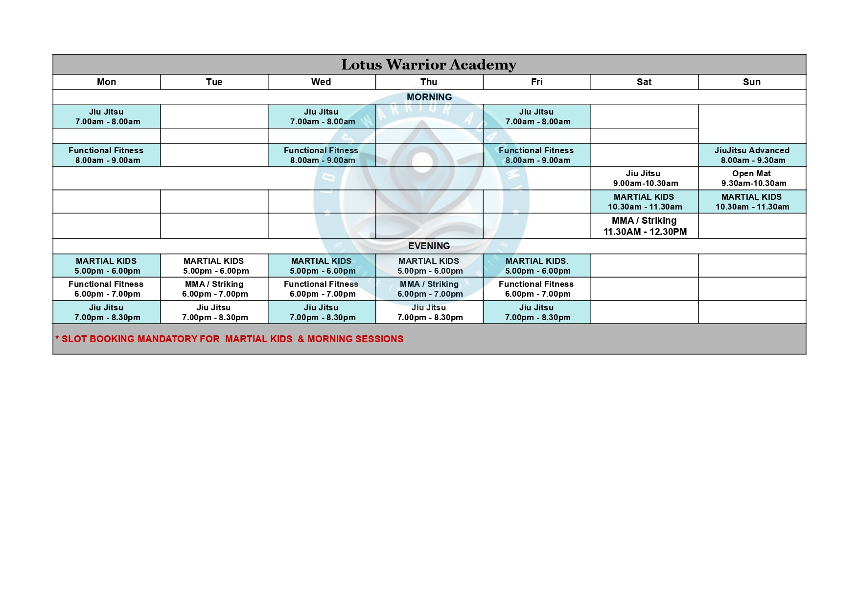 Lotus Warrior Academy Weekly Schedule